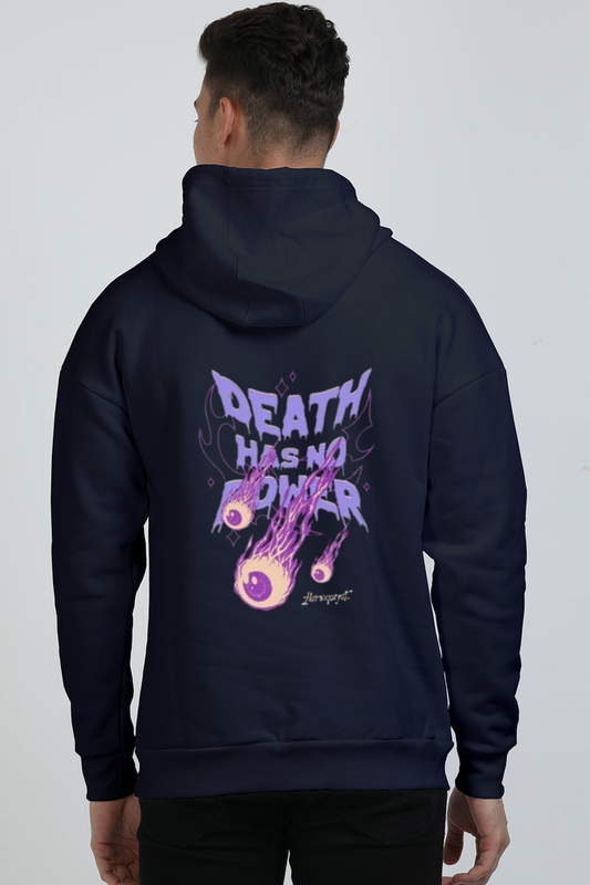 blue unisex hoodie featuring ‘Death Has No Power’ motivational text, perfect for casual and bold streetwear fashion.