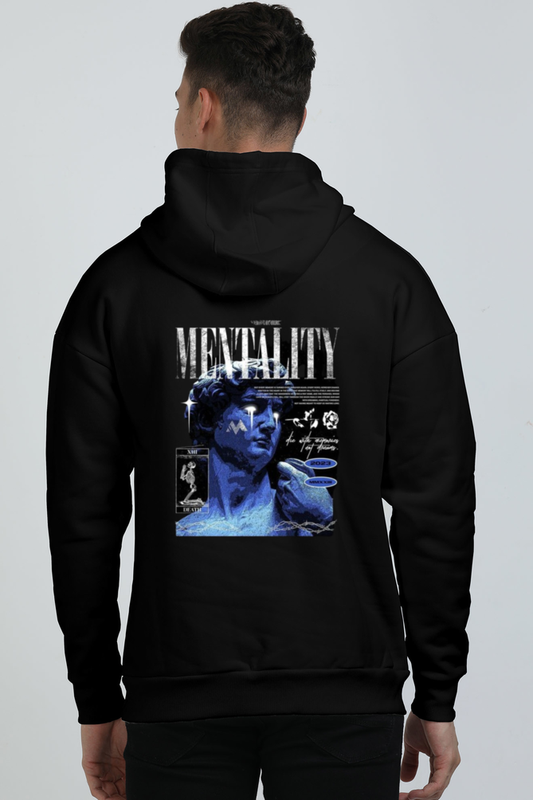 Blue oversized hoodie with 'Mentality' motivational design, ideal for casual and streetwear fashion.