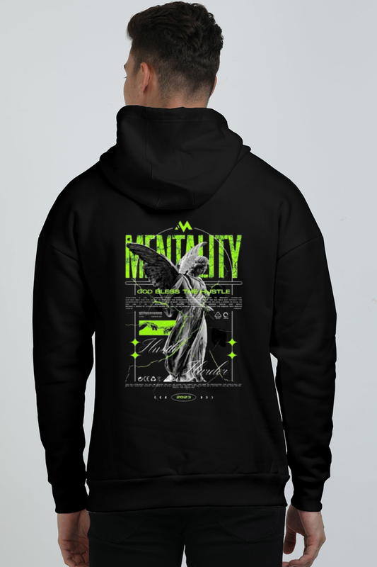 black oversized hoodie with 'Mentality' text, perfect for casual streetwear and motivational style.